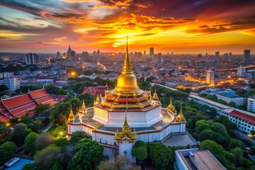 Fototapeta premium Golden Mount Temple Bangkok Thailand Aerial Drone View Sunrise