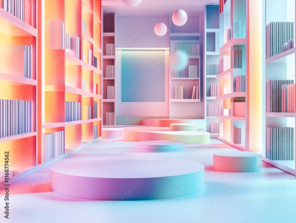 Aufkleber Surreal Pastel Reading Corner with Innovative Bookshelves in Abstract Learning Space