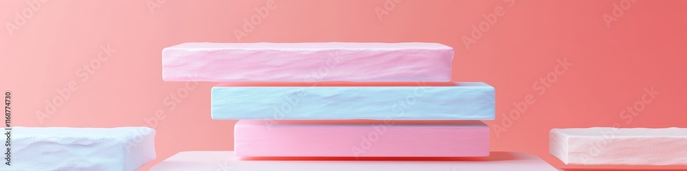 Poster surreal pastel blocks floating geometric sculpture in soft tones
