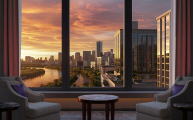 Fototapeta premium Hotel room in modern city. Modern Hotel Room with City View.