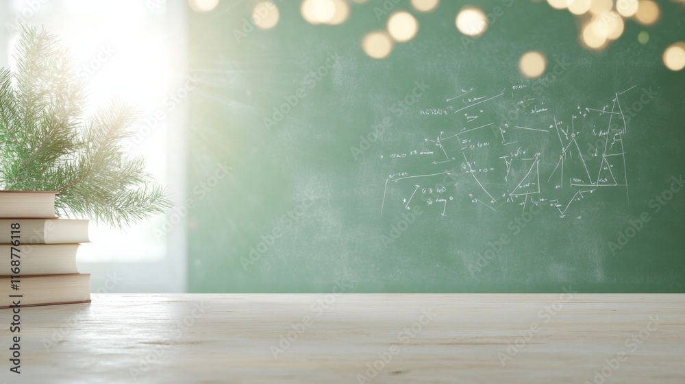 Poster winter light illuminating classroom with mathematical chalkboard insights