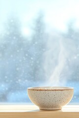 Steaming Hot Soup in Rustic Ceramic Bowl on Winter Day