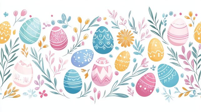 A stylized vector background with soft pastel hues, Easter egg patterns, and whimsical doodles for a festive atmosphere.