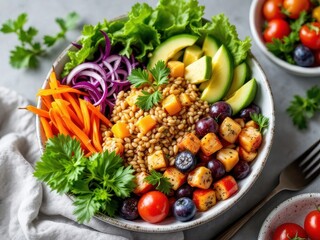 A vibrant meal bowl featuring a mix of colorful vegetables and wholesome grains. Perfect for health, nutrition, and plant-based lifestyle themes