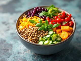 A vibrant meal bowl featuring a mix of colorful vegetables and wholesome grains. Perfect for health, nutrition, and plant-based lifestyle themes