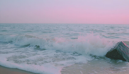 Naklejka premium Serene ocean wave crashing against a dark rock at sunset; pastel sky, tranquil beach scene.