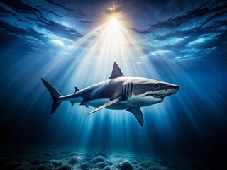 Obraz premium Great White Shark Silhouette, Underwater Dark Ocean, Low Light, Jaws, Marine Animal Clipart
