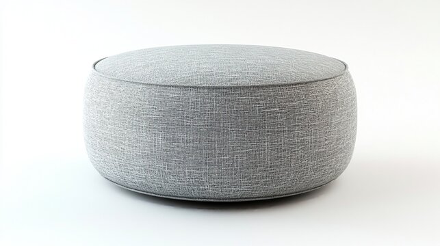Stylish light grey ottoman with round top, isolated on white for chic living rooms