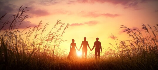 Silhouette of Three Friends Holding Hands at Sunset, Golden Hour, Grassy Field, Copy Space