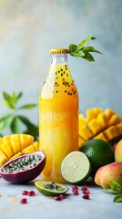 Refreshing tropical beverage with fruits and vibrant colors in a serene setting