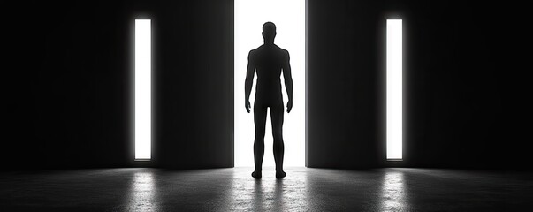 Obraz premium A silhouetted figure stands before two bright doors, evoking mystery and contemplation.