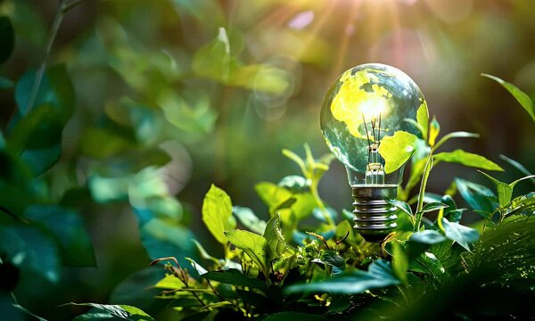Earth illustrated in a glowing light bulb among green leaves, symbolizing eco-friendly innovation, renewable energy, and sustainability. Perfect for environmental awareness and green energy concepts.