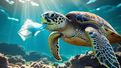 Obraz premium Turtle nibbling on a plastic bag in the sea, a striking representation of the harmful effects of marine pollution.Turtle nibbling on a plastic bag in the sea, a striking representation of the harmful 