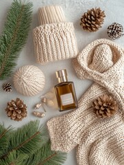 Fototapeta premium Cozy Winter Flat Lay with Knitted Accessories and Pinecones on Neutral Background