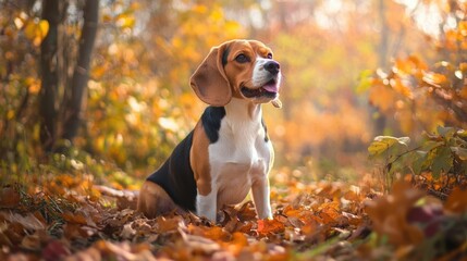 Playful Beagle Dog Sitting Among Colorful Autumn Leaves Outdoors