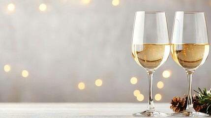 Two glasses of white wine on a table with festive lights and pine cones.