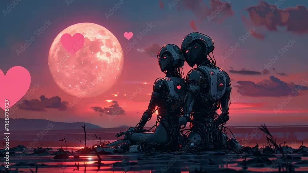 Poster two robots sit side by side, gazing at a glowing pink moon surrounded by floating hearts. the serene
