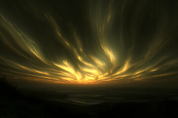 Dramatic sunset over ocean, fiery golden cloudscape, abstract art, digital painting, fantasy landscape, vibrant colors, warm tones, peaceful, serene, mystical atmosphere.