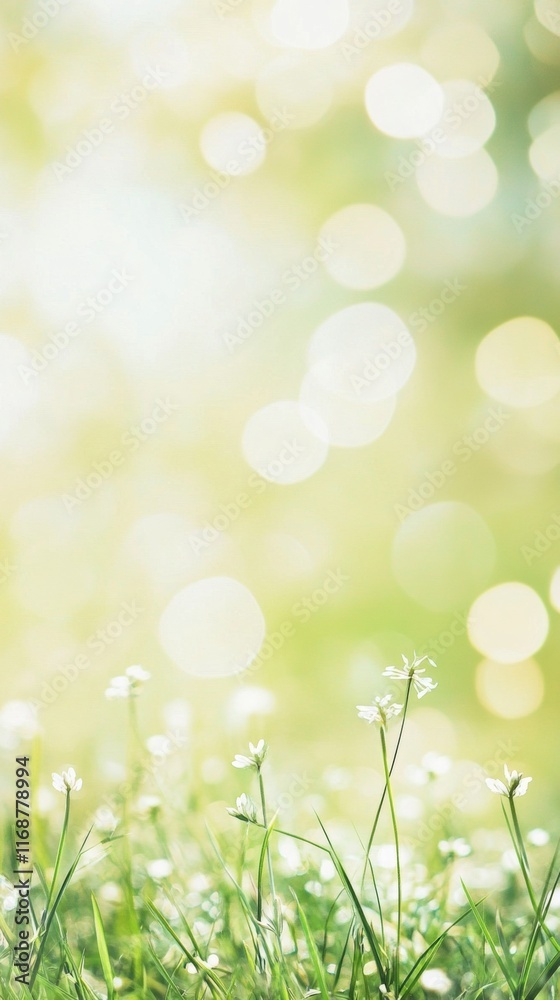 Poster vibrant spring blooms in soft sunlit greenery with bokeh effect