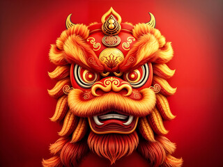 Vibrant red lion mask with intricate golden details, commonly associated with Chinese traditions and cultural celebrations. Generative AI