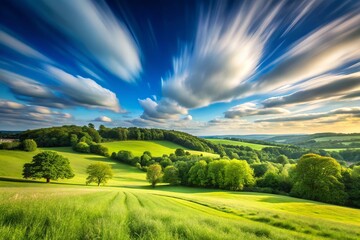 Fototapeta premium Long Exposure: Idyllic Kent Countryside - Grassy Field, Trees, Blue Sky