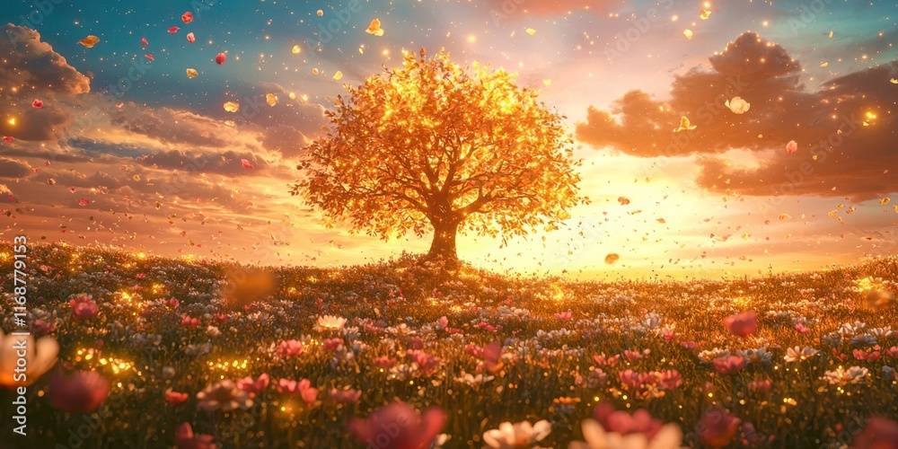 Poster tree is in a field of flowers