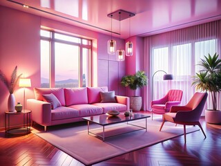Long Exposure Pink Living Room Interior Design - Modern Sofa & Chair