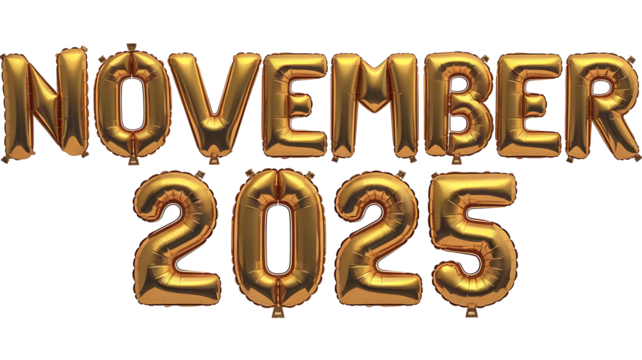 November 2025 Golden Numbers, 3D Golden Text November 2025  Isolated on Transparent Background