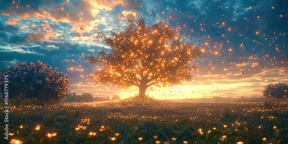 Aufkleber tree with glowing leaves is in a field