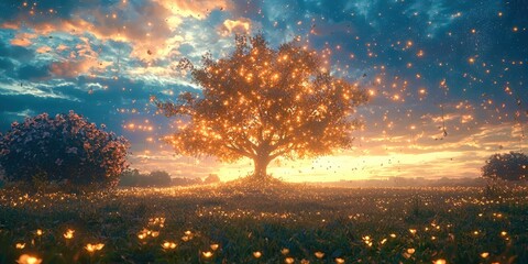 Tree with glowing leaves is in a field