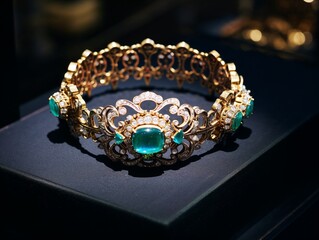 Obraz premium Luxury gold bracelet with turquoise gemstones, elegant jewelry design, sophisticated display, copy space