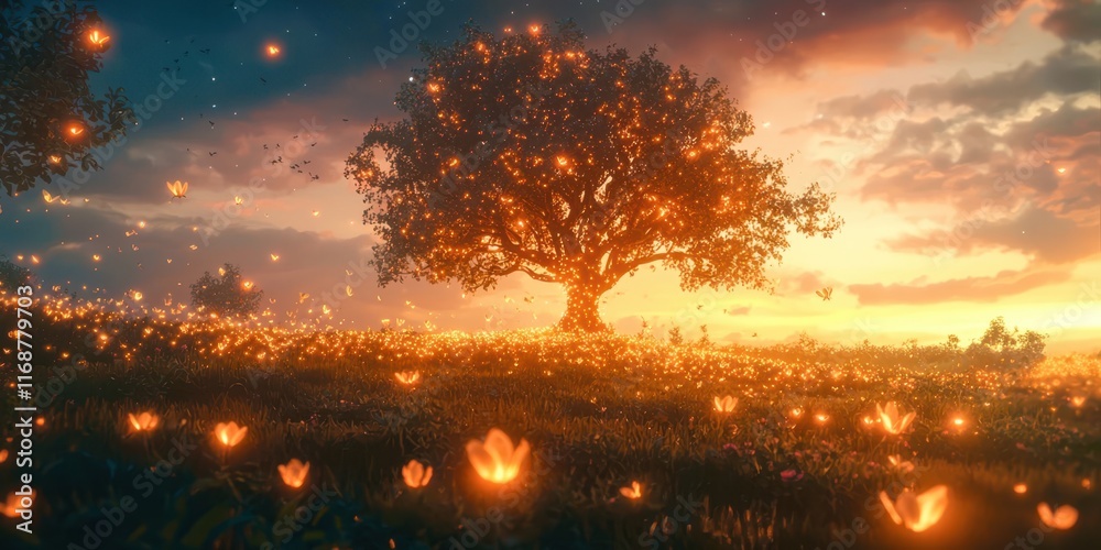 Poster tree with glowing leaves is in a field of flowers