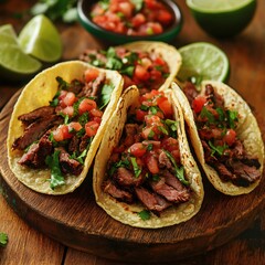 Sizzling taco preparation with steak and fresh salsa mexican cuisine gourmet food photography rustic kitchen close-up culinary delight