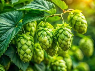 Fototapeta premium Lush Hop Bines with Cones: High-Resolution Stock Photo of Humulus Lupulus