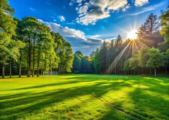Fototapeta premium Lush Green Soccer Fields in Summer Forest, High-Resolution Stock Photo