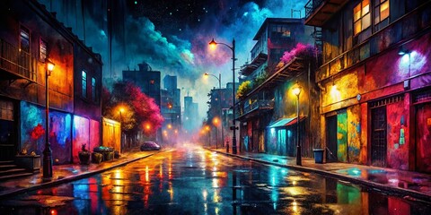 Grunge Night Photography: Abstract Color Brush Strokes, Urban Decay, Dark Cityscape, Nightlife Textures