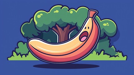Cartoon banana with surprised expression in front of a tree.