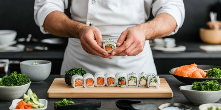 Expert chef crafting sushi rolls with fresh ingredients in a modern kitchen setting