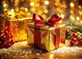 Macro Close-up of Christmas Gift Box with Golden Ribbon - Festive Holiday Background