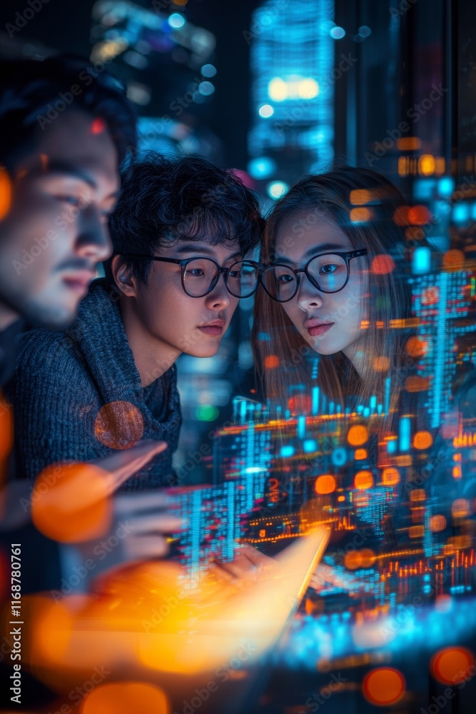 Poster nighttime data analysis south korean group with tech aesthetic in urban setting