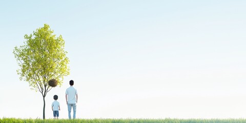 Obraz premium A father and son share a quiet moment together under a tree in an open landscape.