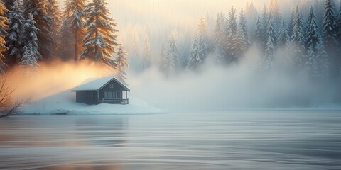Serene Winter Cabin on Frozen Lake at Sunrise