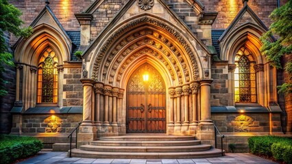 Obraz premium Majestic Church Entrance: Architectural Detail and Stonework at Dawn