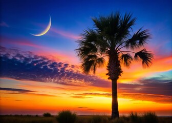 Majestic Palmetto Sunrise: Crescent Moon Long Exposure Photography