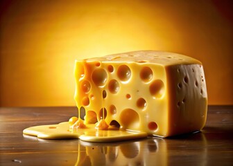 Melted Cheese Block Dripping on Yellow Background - Culinary Delight Stock Photo