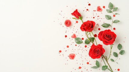 Obraz premium Romantic 'Happy Valentine's Day' design with red roses, confetti, and an elegant calligraphy style on white.