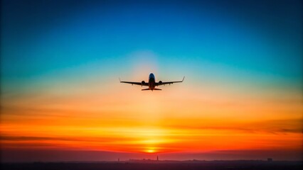Minimalist Airplane Silhouette at Sunset, Clean Sky Background