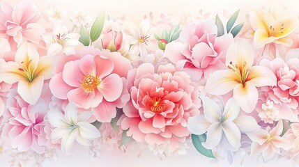 Romantic watercolor flower pattern showcasing a mix of peonies, lilies, and roses in blush tones, painted with delicate brushstrokes.