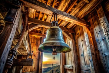 Obraz premium Minimalist Bells in Ancient Wooden Bell Tower - Stock Photo