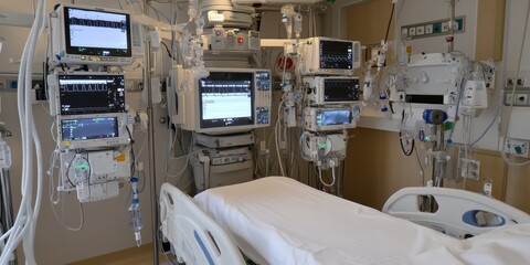 Advanced life support machines and ventilators in hospital icu setup for patient care